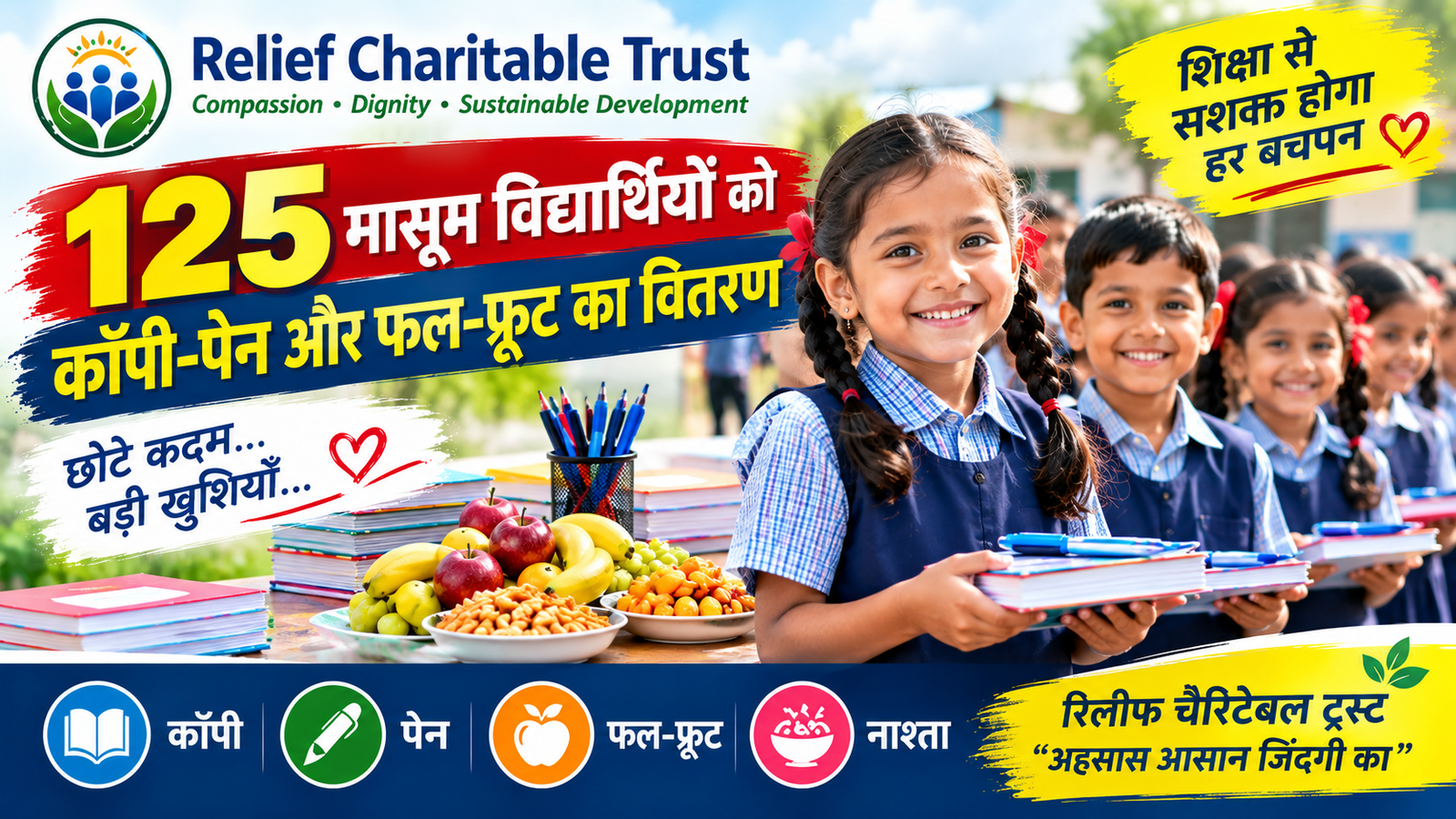 Relief Charitable Trust Distributes Notebooks, Pens and Fruits to 125 Schoolchildren